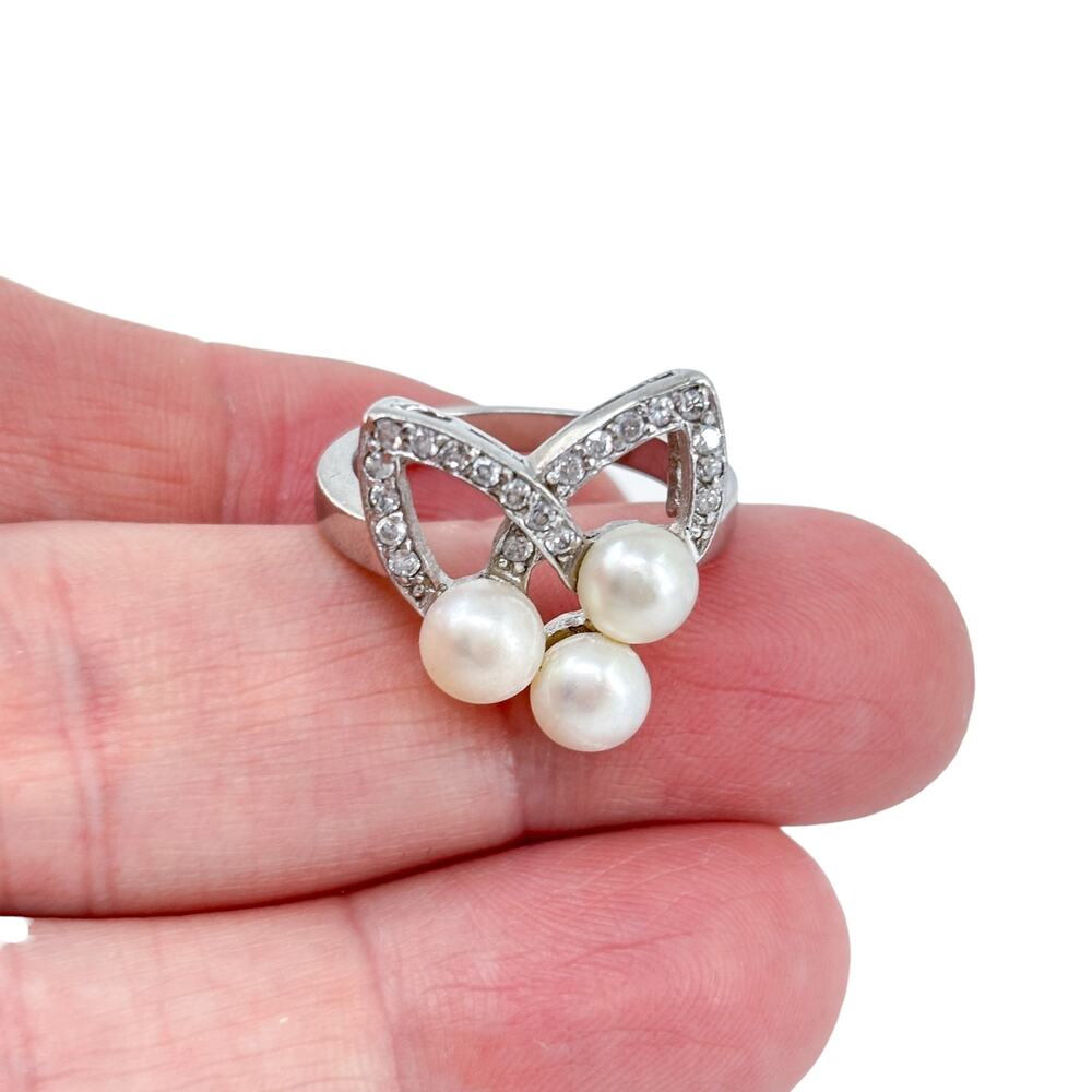 Vintage Sterling Silver 925 Pearl Cubic Zirconia Cat Ring Size 8.5